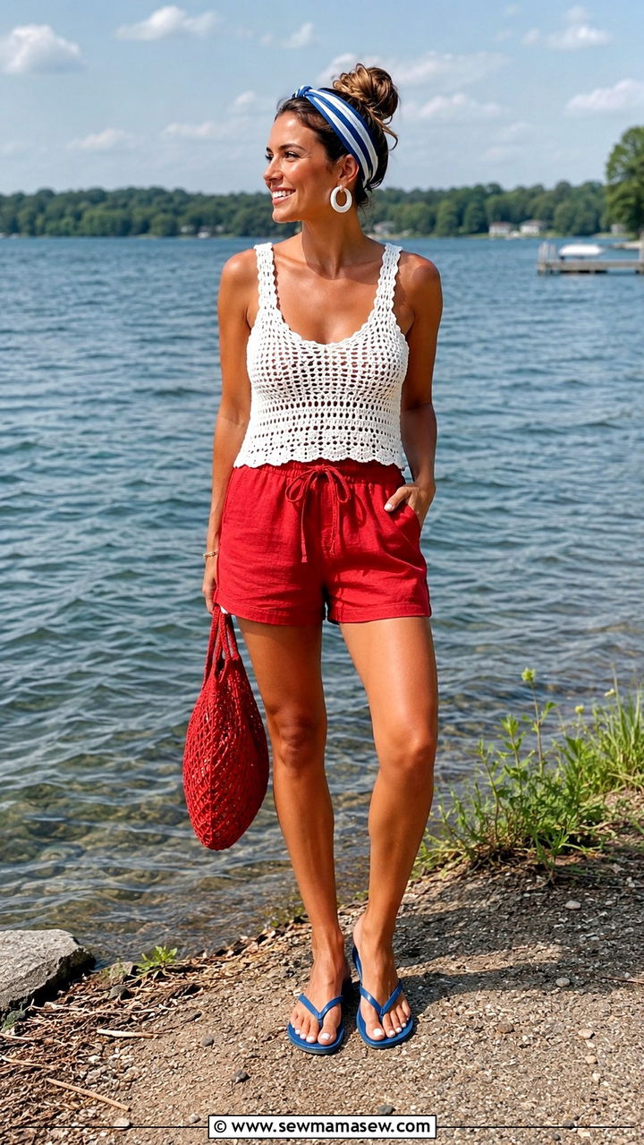 White Crochet Tank Top With Red Linen Shorts And Blue Headband - 30 July 4th weekend outfit ideas