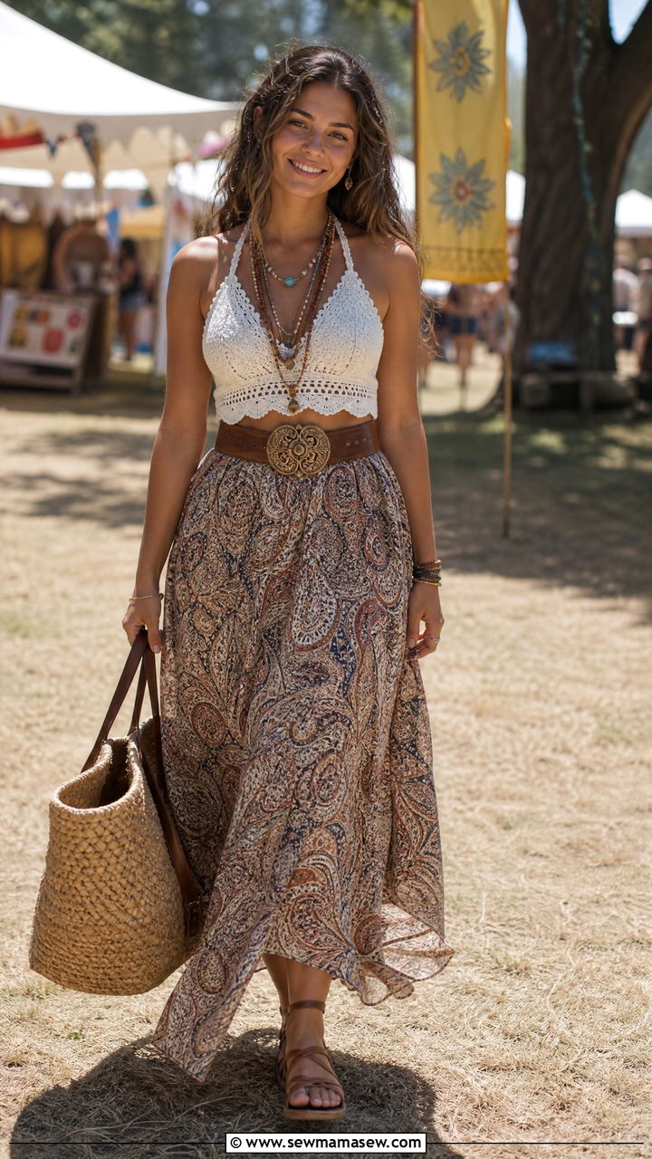 White Crochet Top and Printed Maxi Skirt Outfit - 30 festival outfit ideas for women