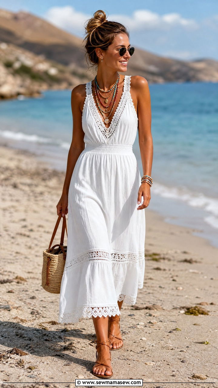 White Crochet Trim Dress with Colorful Beaded Jewelry - 30 summer white dress outfit ideas