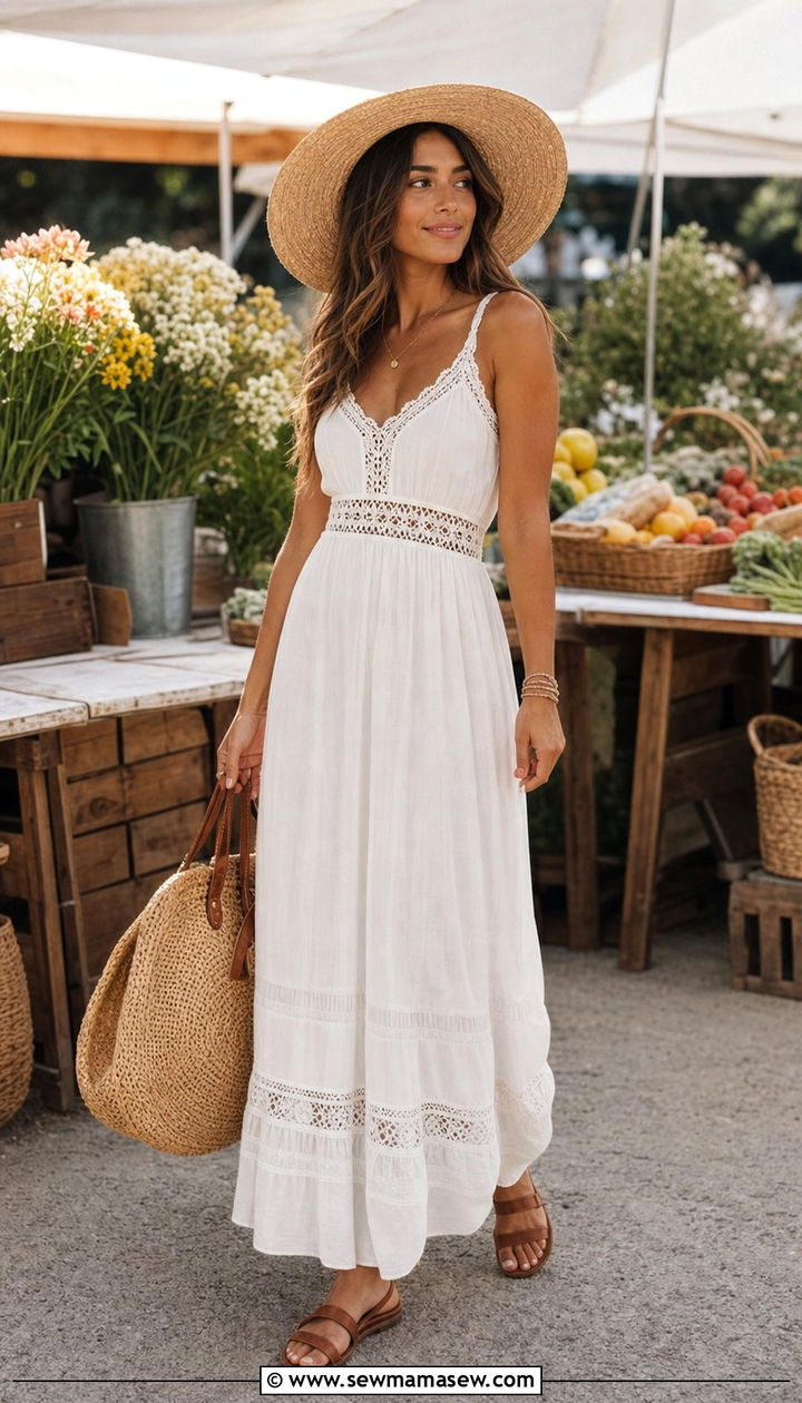 White Crochet Trim Maxi Dress with Straw Hat - 35 Boho summer outfit ideas 2026