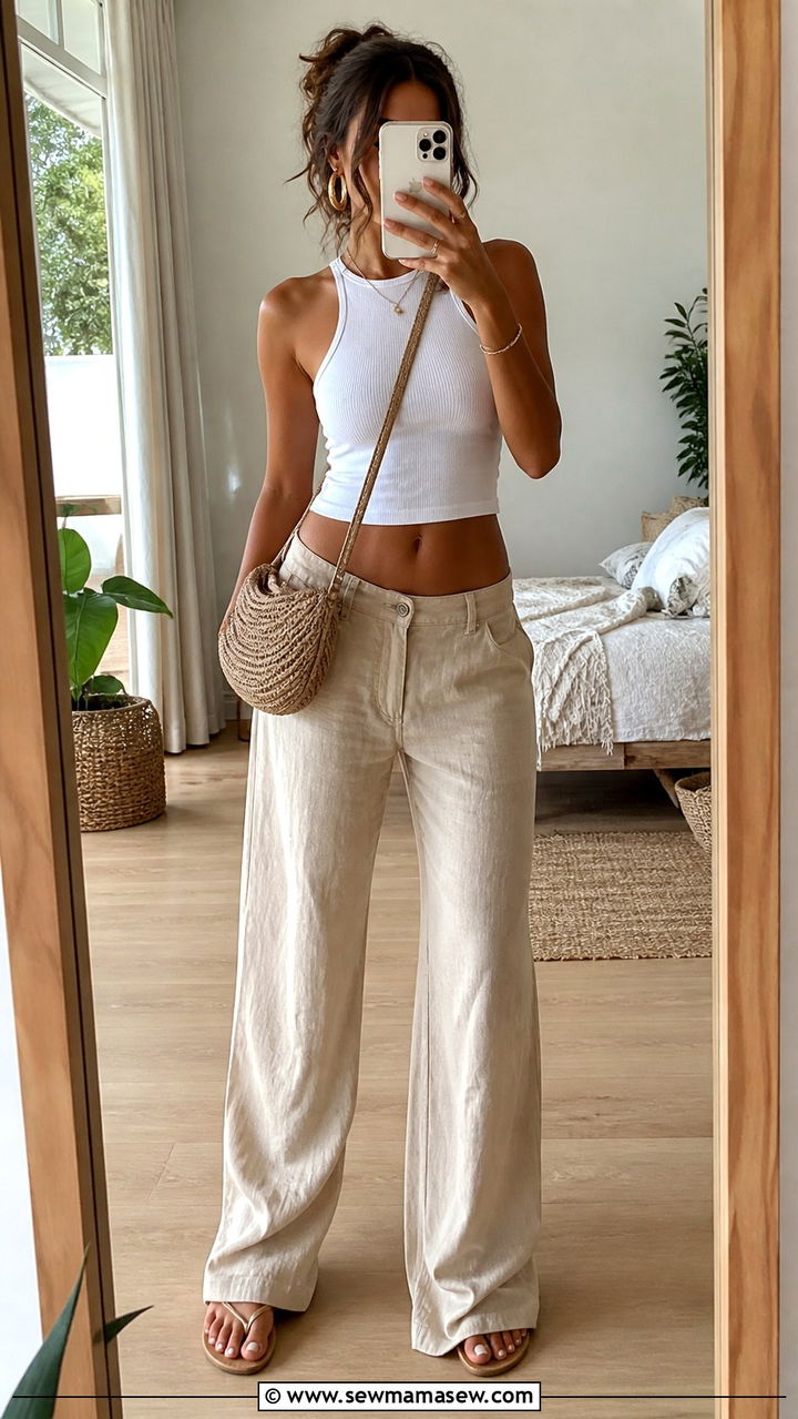 White Crop Top And Low Rise Linen Trousers Outfit - 40 summer clean girl outfits