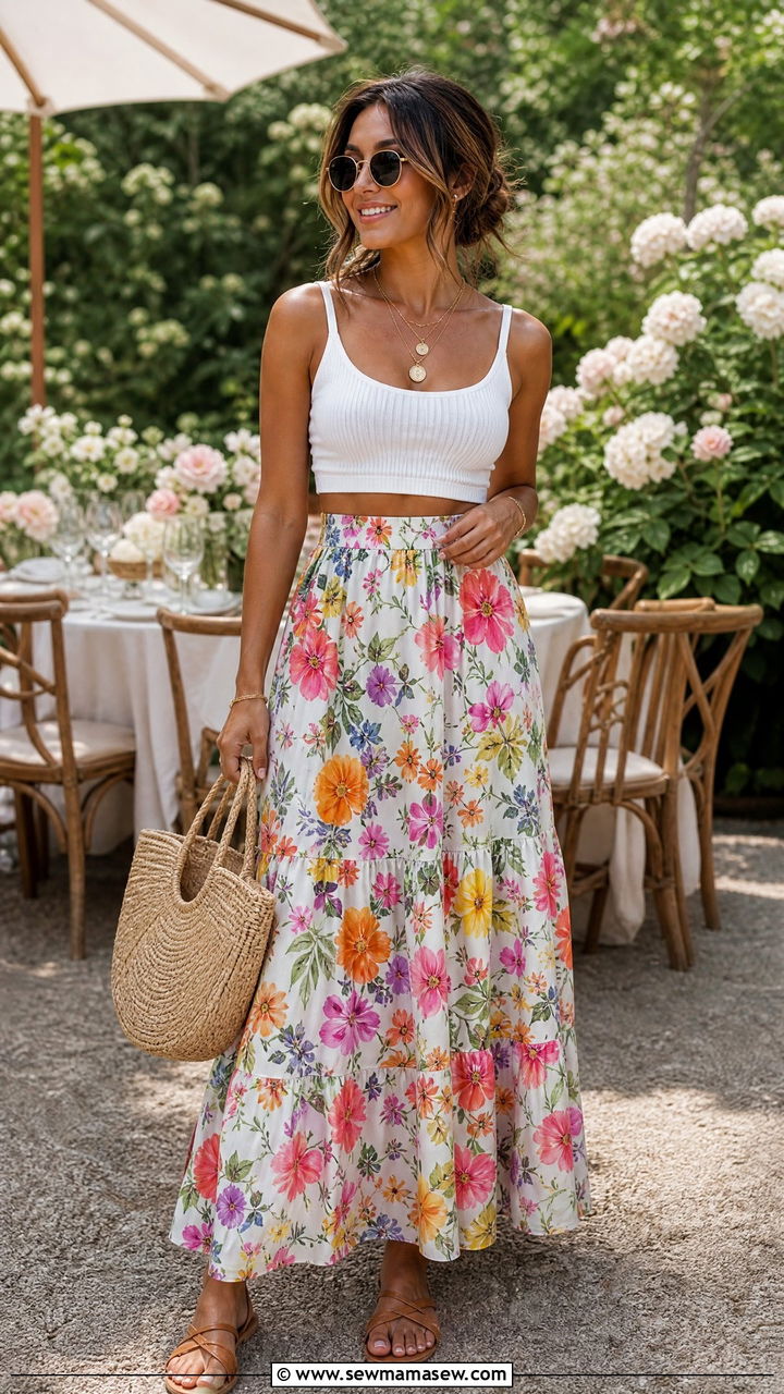 White Crop Top With Floral Maxi Skirt Summer Outfit - 30 Summer outfits with crop top