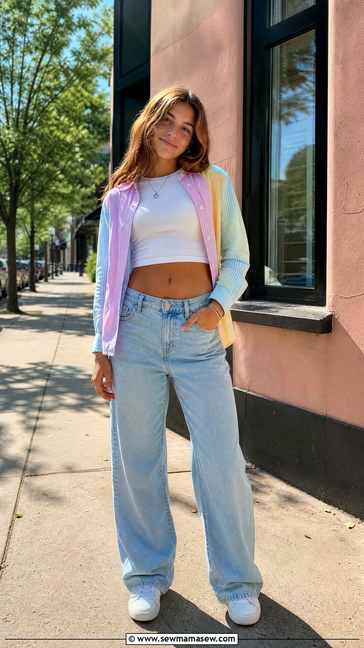 White Crop Top With Relaxed Denim And Open Shirt - 30 Spring outfits for teen girls