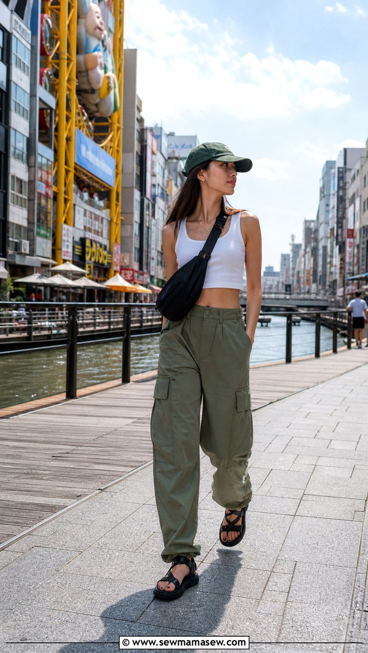 White Crop Top and Olive Cargo Pants Outfit - 40 Summer Japan outfit ideas
