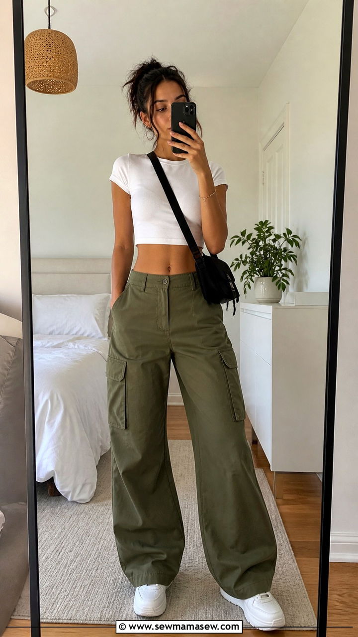 White Crop Top and Olive Cargo Pants Summer Streetwear - 40 Streetwear summer outfits