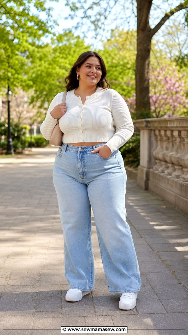 White Cropped Cardigan With High Waist Wide Leg Jeans and Sneakers - 25 Plus size outfit ideas clean girl