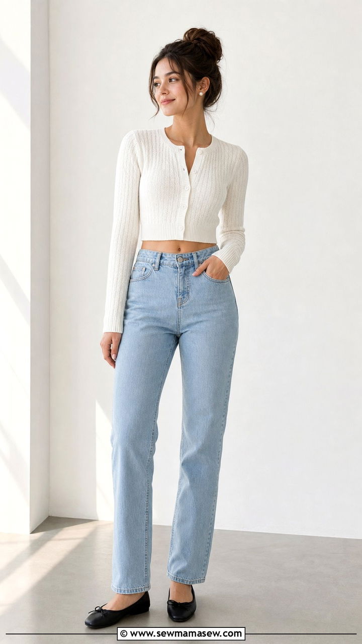 White Cropped Cardigan and High Waist Jeans - 25 Clean girl outfit ideas for school