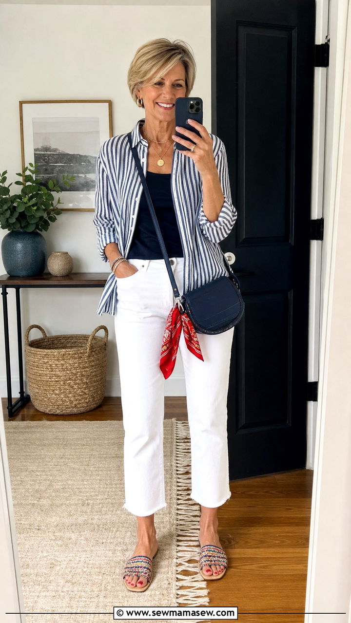 White Cropped Jeans and Striped Linen Blouse - 40 Summer outfit ideas for women over 50 2026
