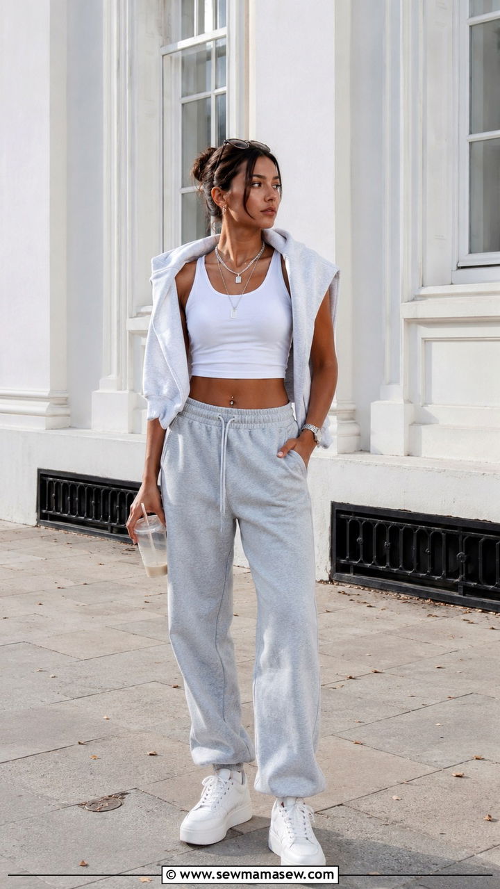 White Cropped Tank With High Waisted Grey Joggers And Platform Sneakers - 30 casual clean girl outfits