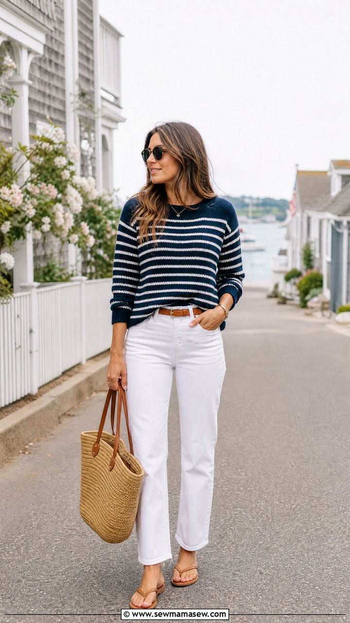 White Denim And Striped Sweater Outfit - 30 Summer capsule wardrobe minimalist