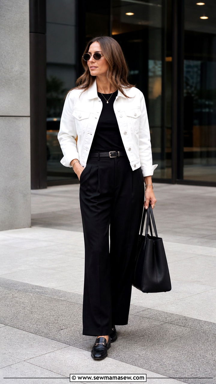 White Denim Jacket With Black Trousers And Loafers - 40 denim jacket outfit ideas