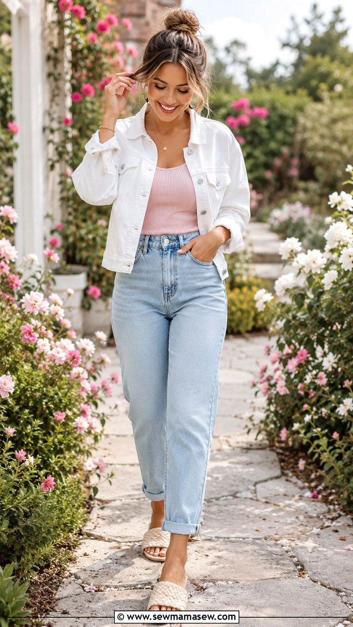 White Denim Jacket With Light Blue Mom Jeans - 30 Denim jacket and jeans outfit ideas