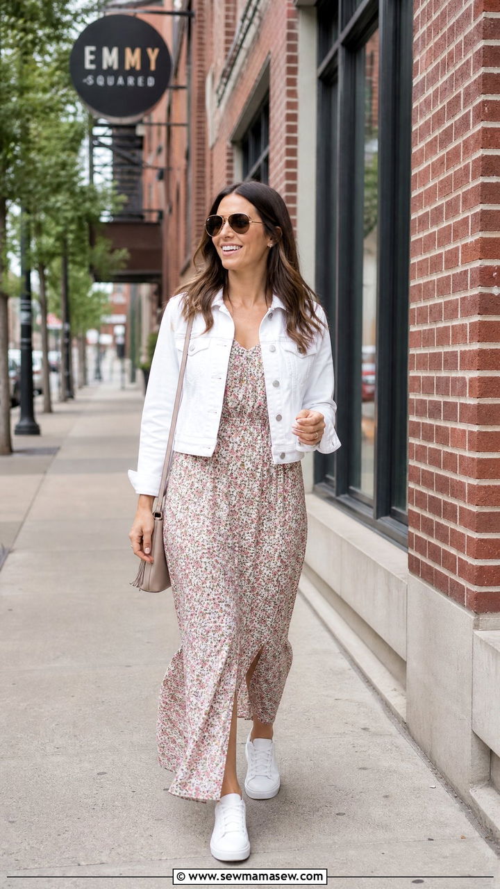White Denim Jacket and Floral Maxi Dress Outfit - 35 June outfits for women