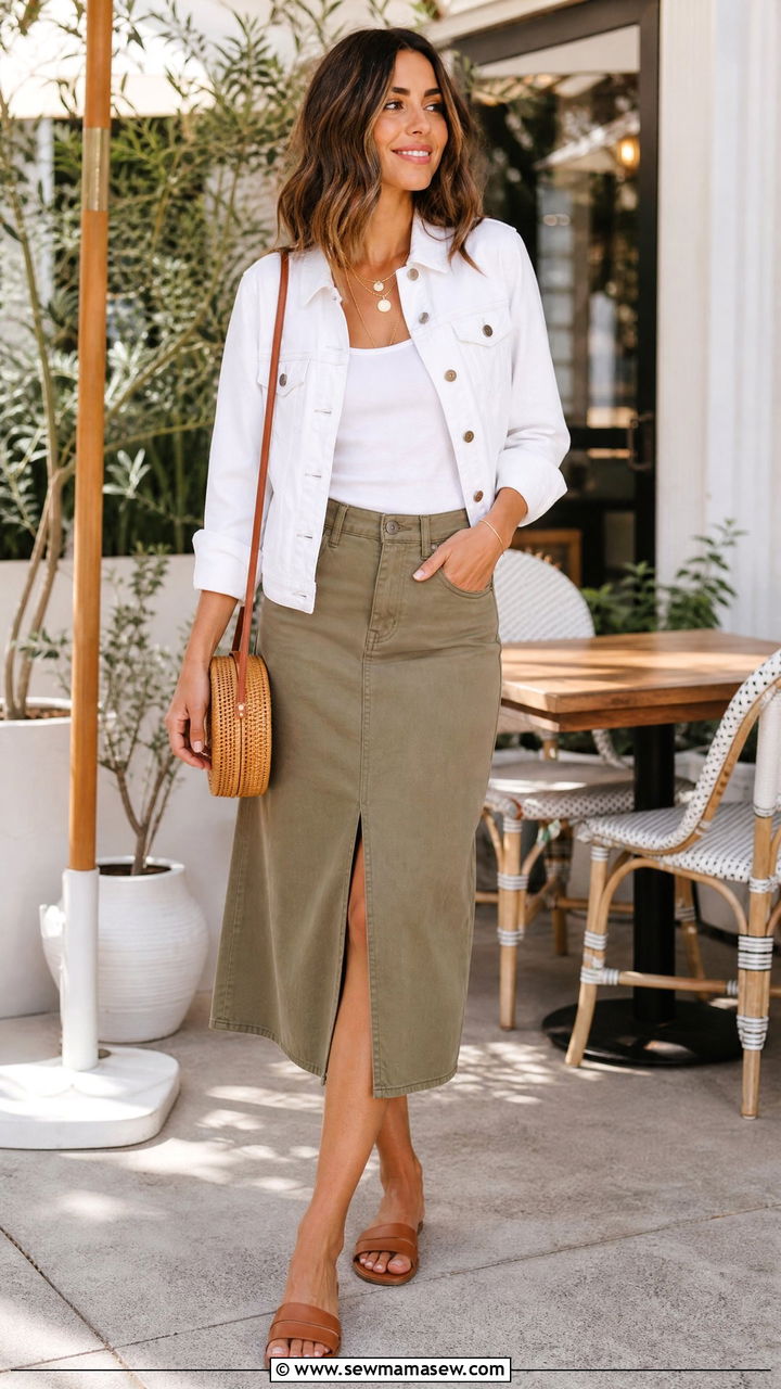 White Denim Jacket with Khaki Midi Skirt - 25 Khaki and white outfit ideas