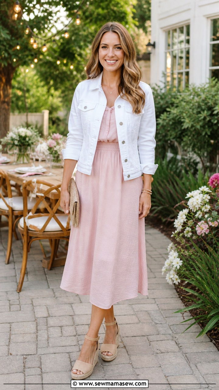 White Denim Jacket with Pastel Midi Dress - 40 jacket outfits for women