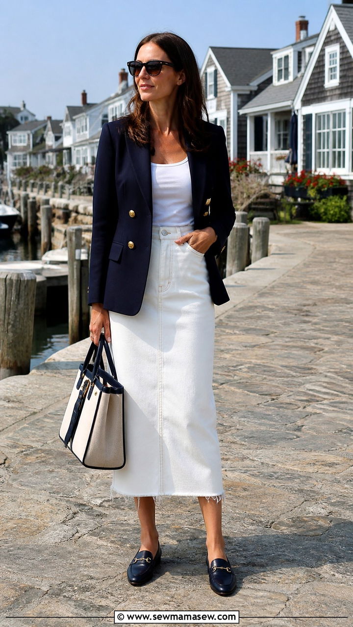 White Denim Midi Skirt With Navy Blazer - 40 casual denim skirt outfits