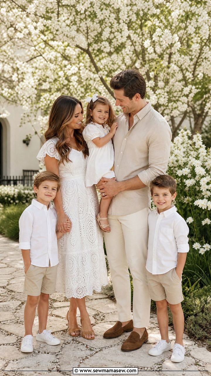 White Dress And Khaki Family Outfit - 30 Matching spring family outfits