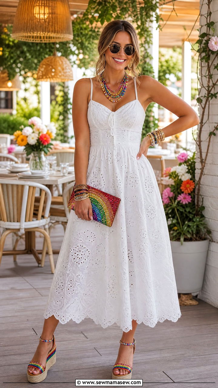White Dress With Rainbow Accessories Outfit - 25 June Pride outfit ideas