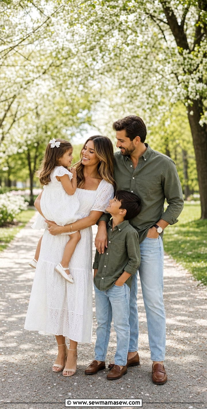 White Dresses And Olive Green Family Photo Outfits Spring 2026 - 25 Family photo outfit ideas spring 2026
