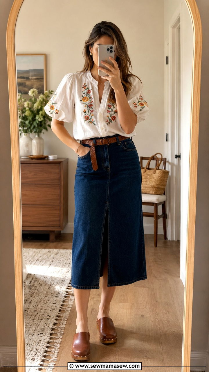 White Embroidered Blouse With Denim Midi Skirt - 30 spring western outfit ideas