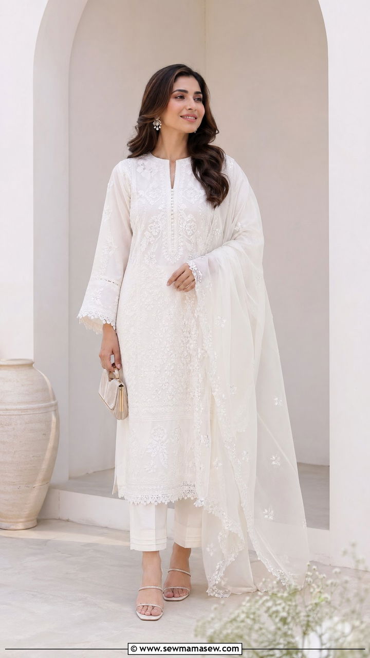 White Embroidered Kurta Set with Tailored Trousers - 35 Eid outfit ideas for moms