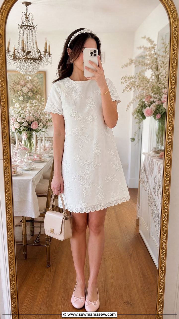 White Embroidered Shift Dress With Ballet Flats - 30 cute bridal shower outfits
