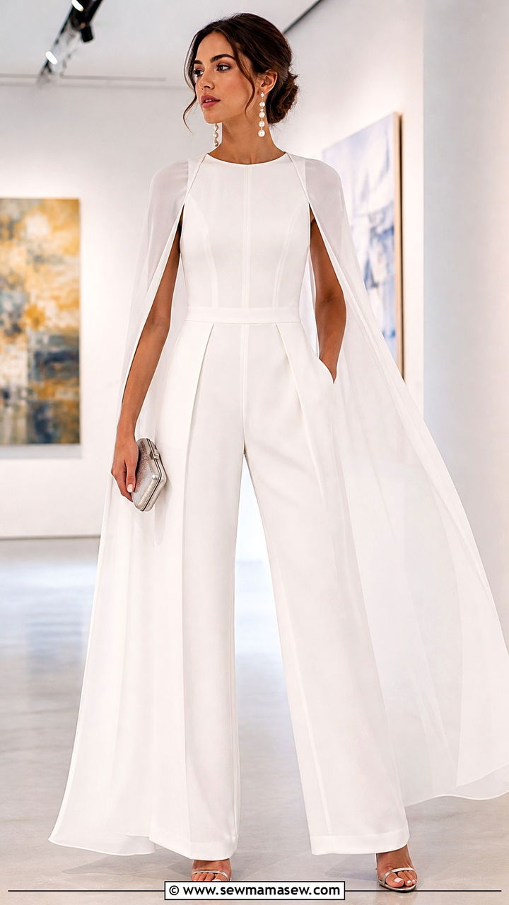 White Evening Jumpsuit with Cape Overlay - 20 Charity gala outfit ideas