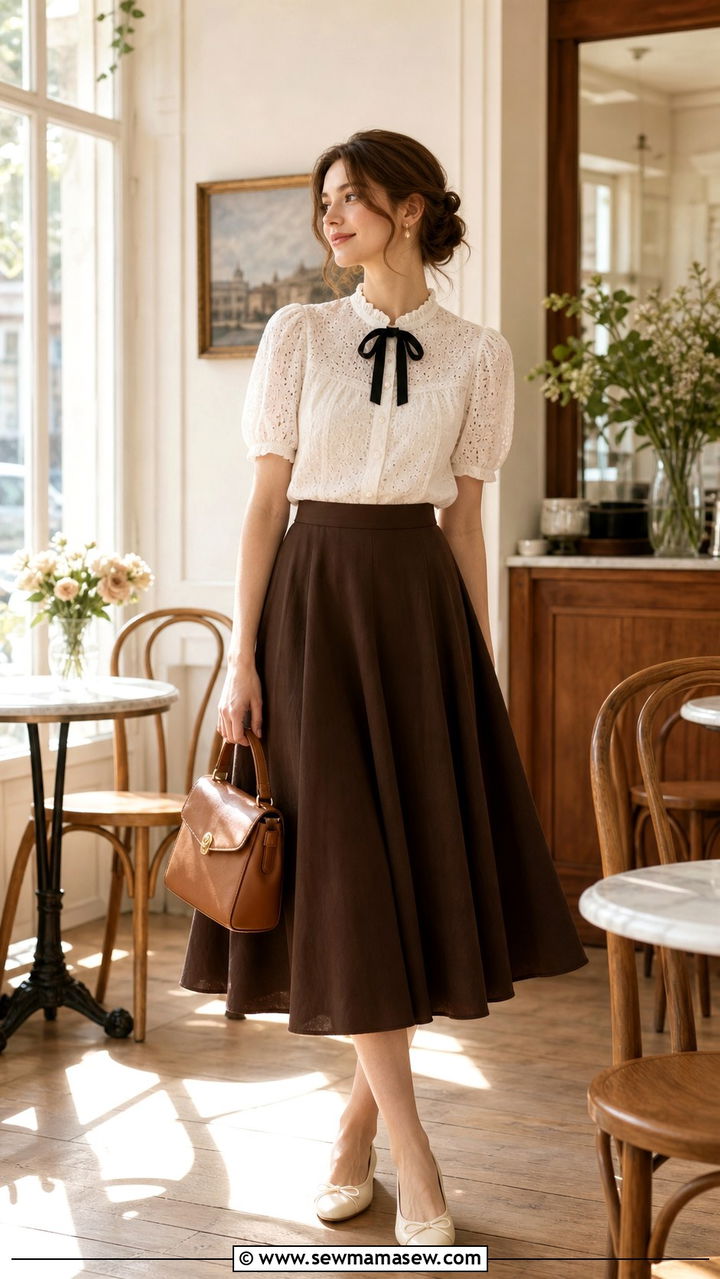 White Eyelet Blouse And Brown Flared Skirt - 40 light academia outfits ideas