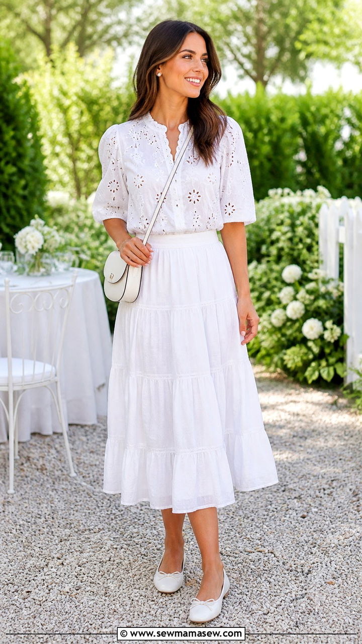 White Eyelet Blouse And Midi Skirt - 40 All white outfit ideas