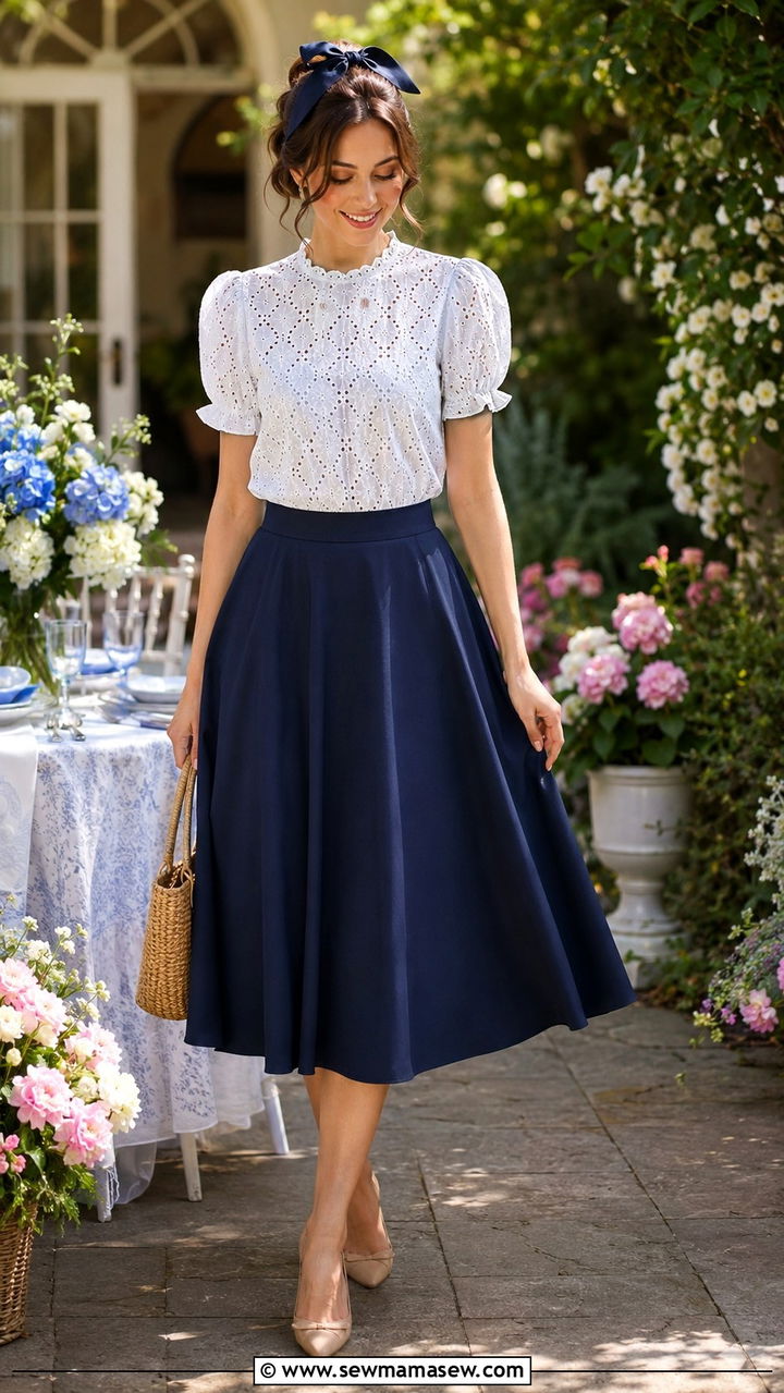 White Eyelet Blouse And Navy Midi Skirt With Ribbon Headband - 25 Old money outfit ideas with headband