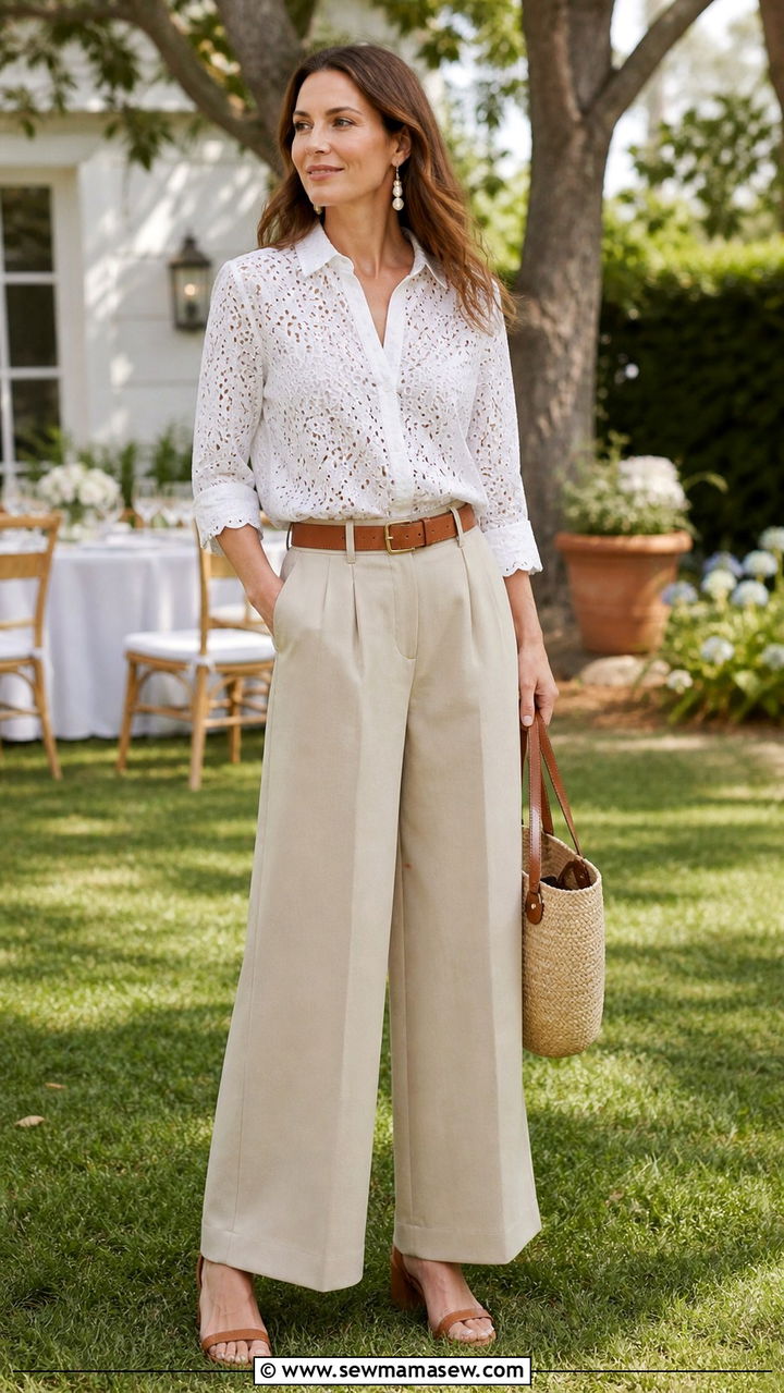 White Eyelet Blouse And Wide Leg Khakis - 20 Coastal grandmother outfit ideas 2026