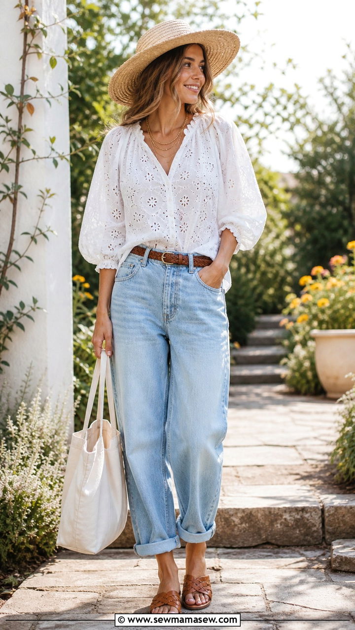 White Eyelet Blouse With Baggy Jeans And Straw Hat - 40 Boho spring outfits
