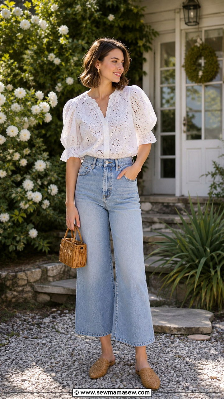 White Eyelet Blouse With Cropped Wide Leg Jeans And Woven Mules - 40 Spring outfit ideas