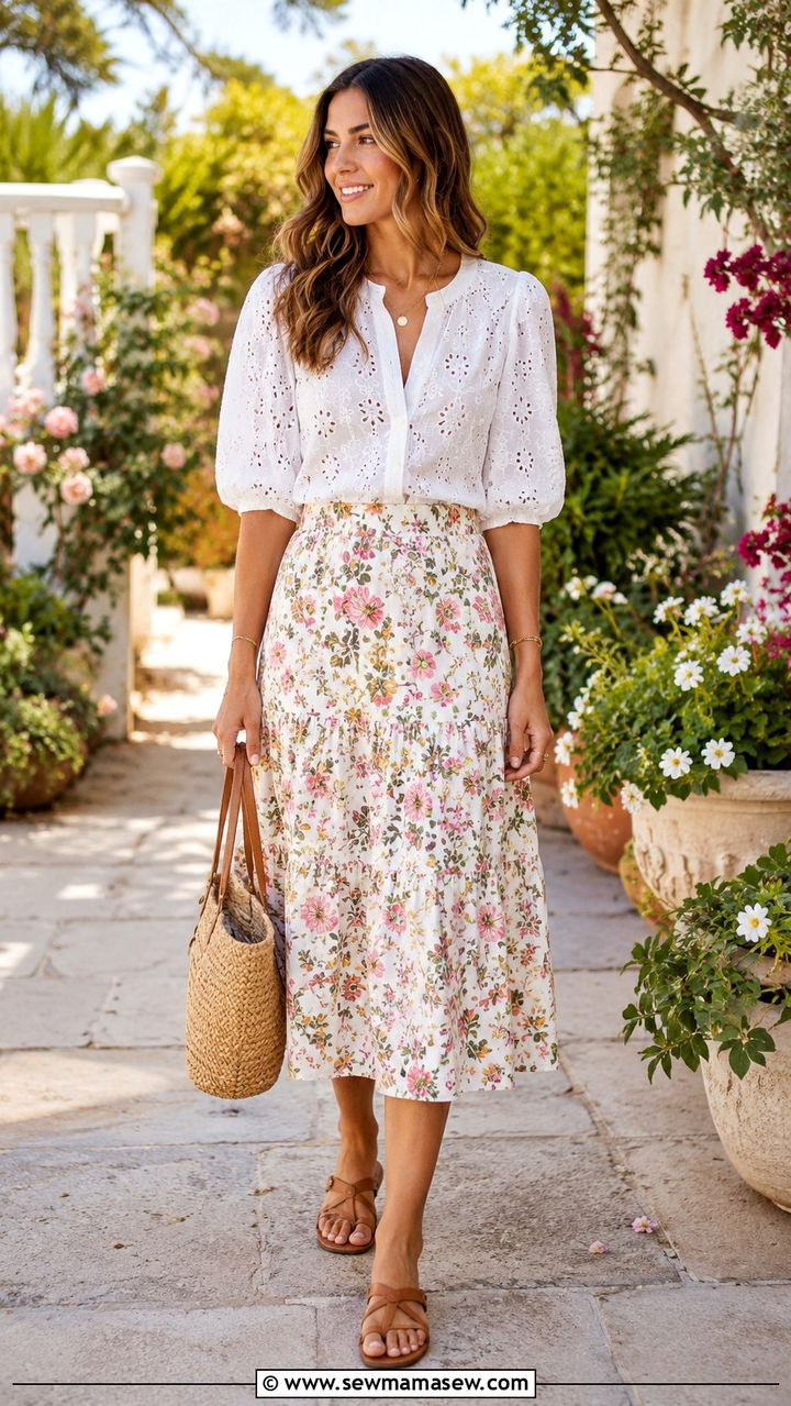 White Eyelet Blouse With Floral Midi Skirt - 30 romantic outfits to copy