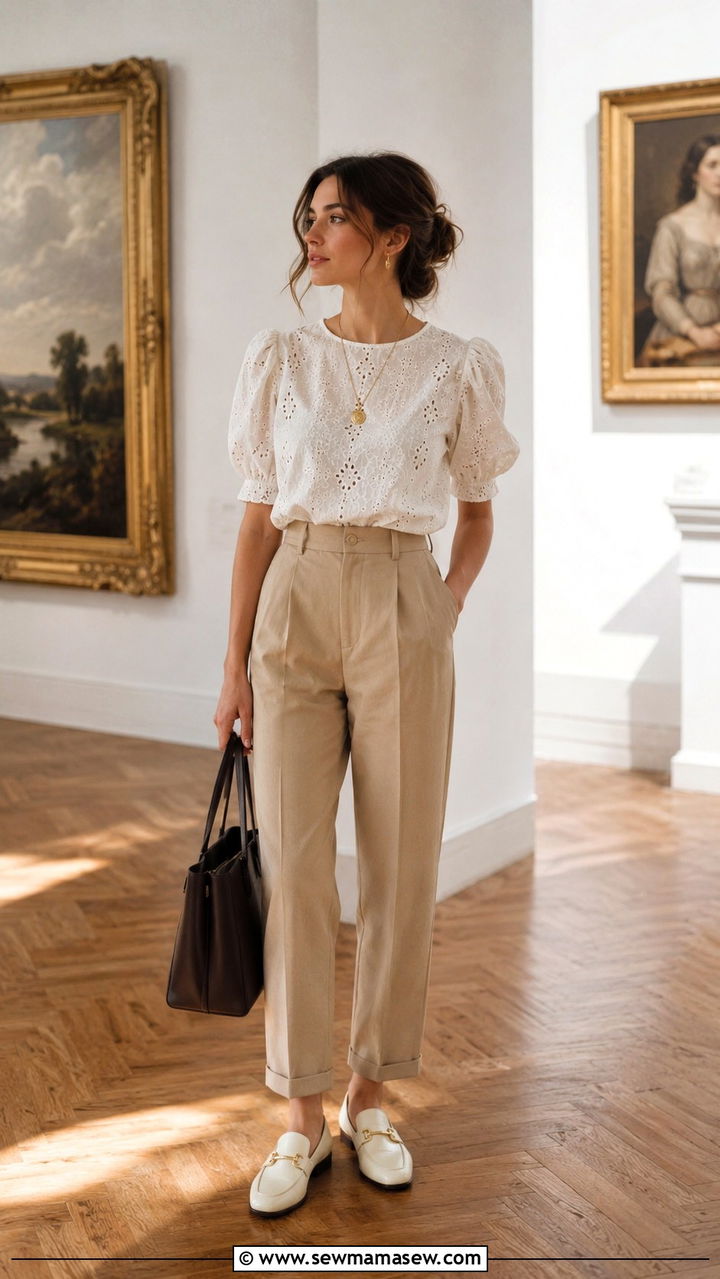 White Eyelet Blouse With High Waisted Tan Trousers Outfit Light Academia - 30 casual light academia outfits