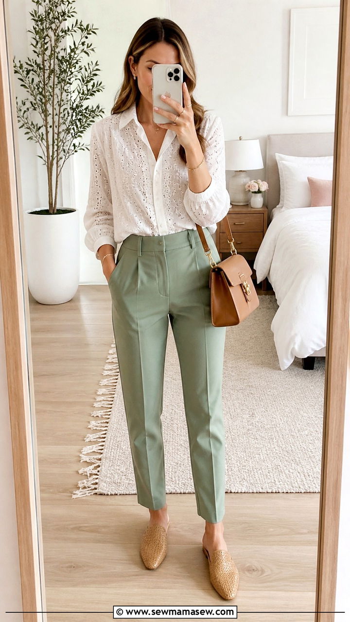 White Eyelet Blouse With Sage Green Trousers - 40 spring business casual outfits