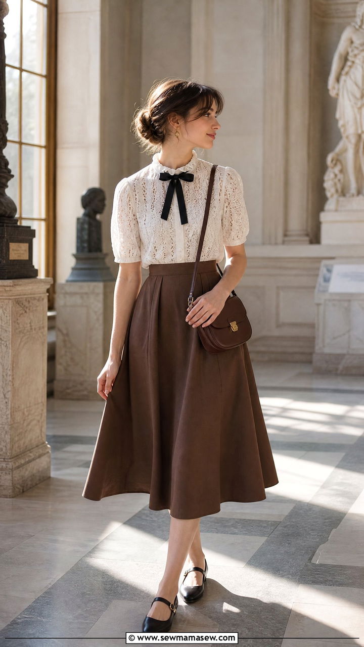 White Eyelet Blouse and Flared Skirt - 25 classy light academia outfit ideas