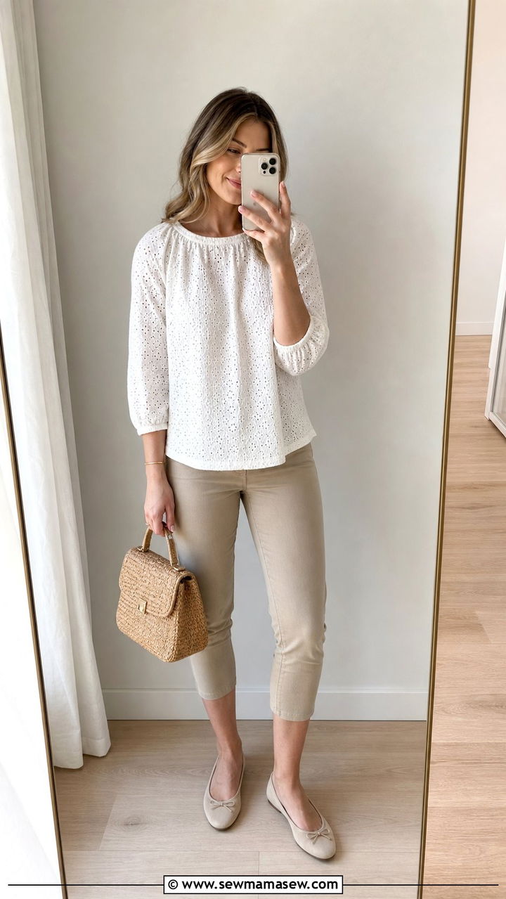 White Eyelet Blouse and Khaki Capris - 25 Coastal grandmother outfits 2026