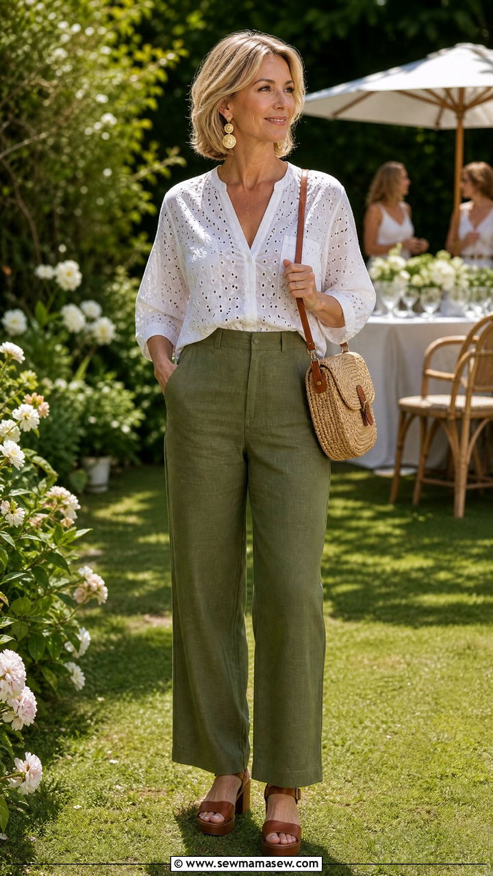 White Eyelet Blouse and Olive Linen Pants - 25 classy coastal grandmother outfit ideas