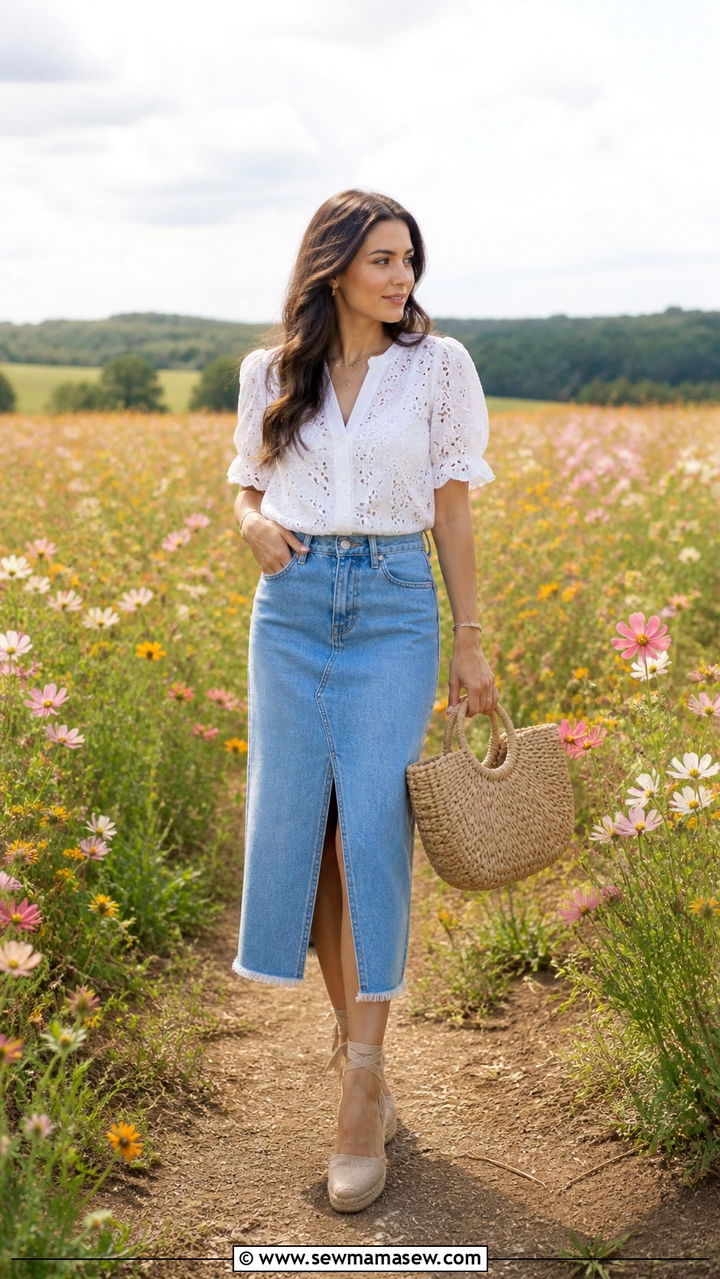 White Eyelet Blouse with Denim Midi Skirt and Espadrilles - 40 old money outfits ideas