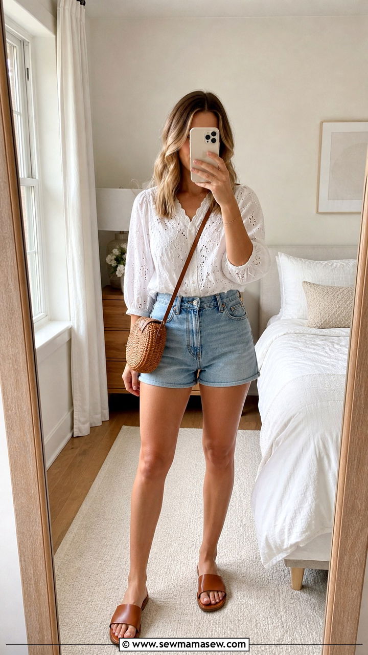 White Eyelet Blouse with High Waisted Denim Shorts - 40 summer french girl outfits
