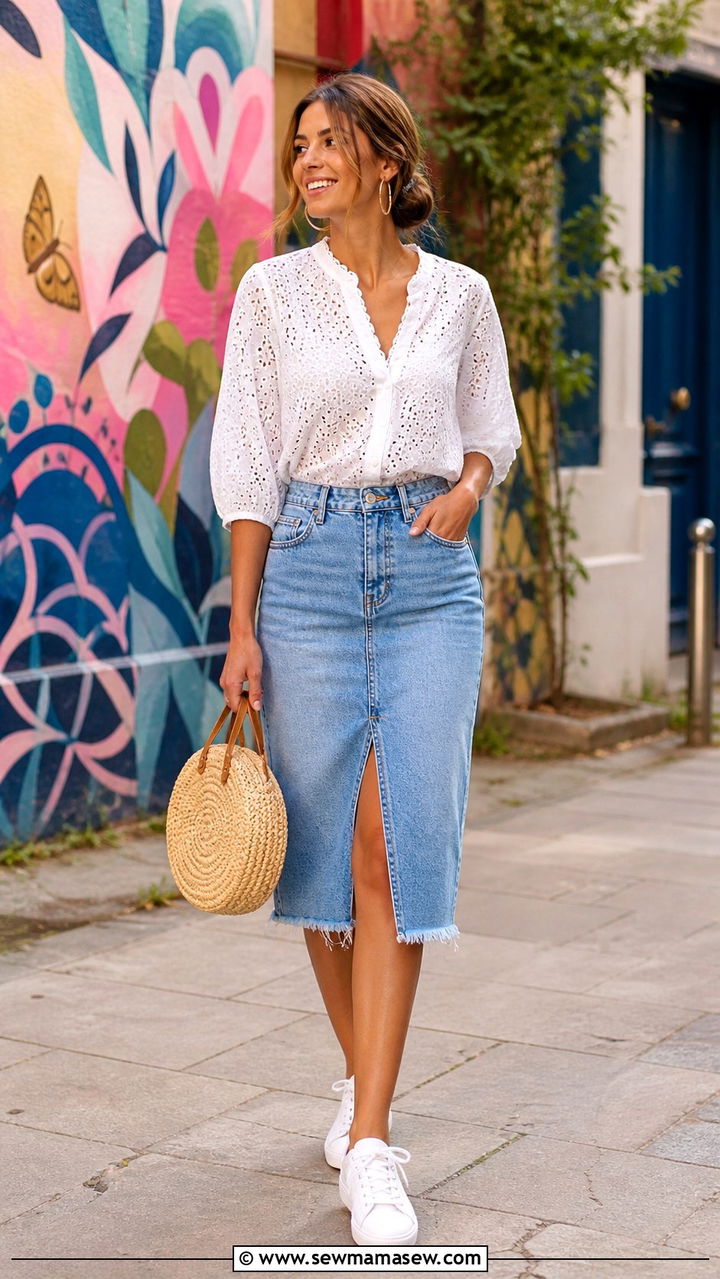 White Eyelet Blouse with Raw Hem Denim Skirt - 40 summer parisian outfits