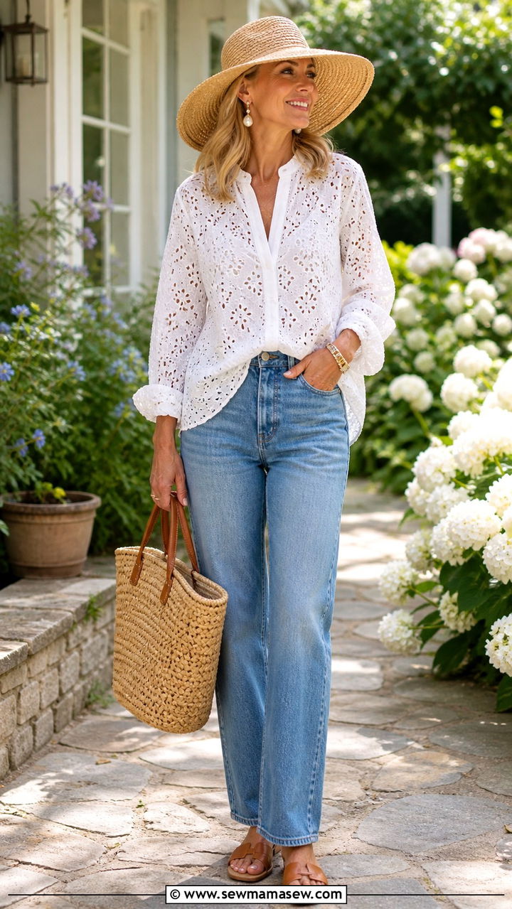 White Eyelet Blouse with Relaxed Denim Jeans Outfit - 40 coastal grandmother outfits