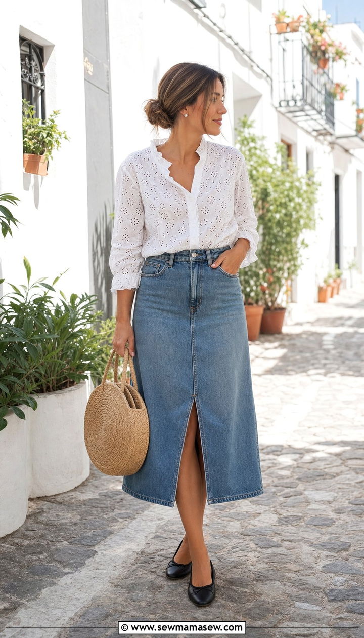 White Eyelet Blouse with a Denim Midi Skirt and Ballet Flats - 25 Summer capsule wardrobe Parisian