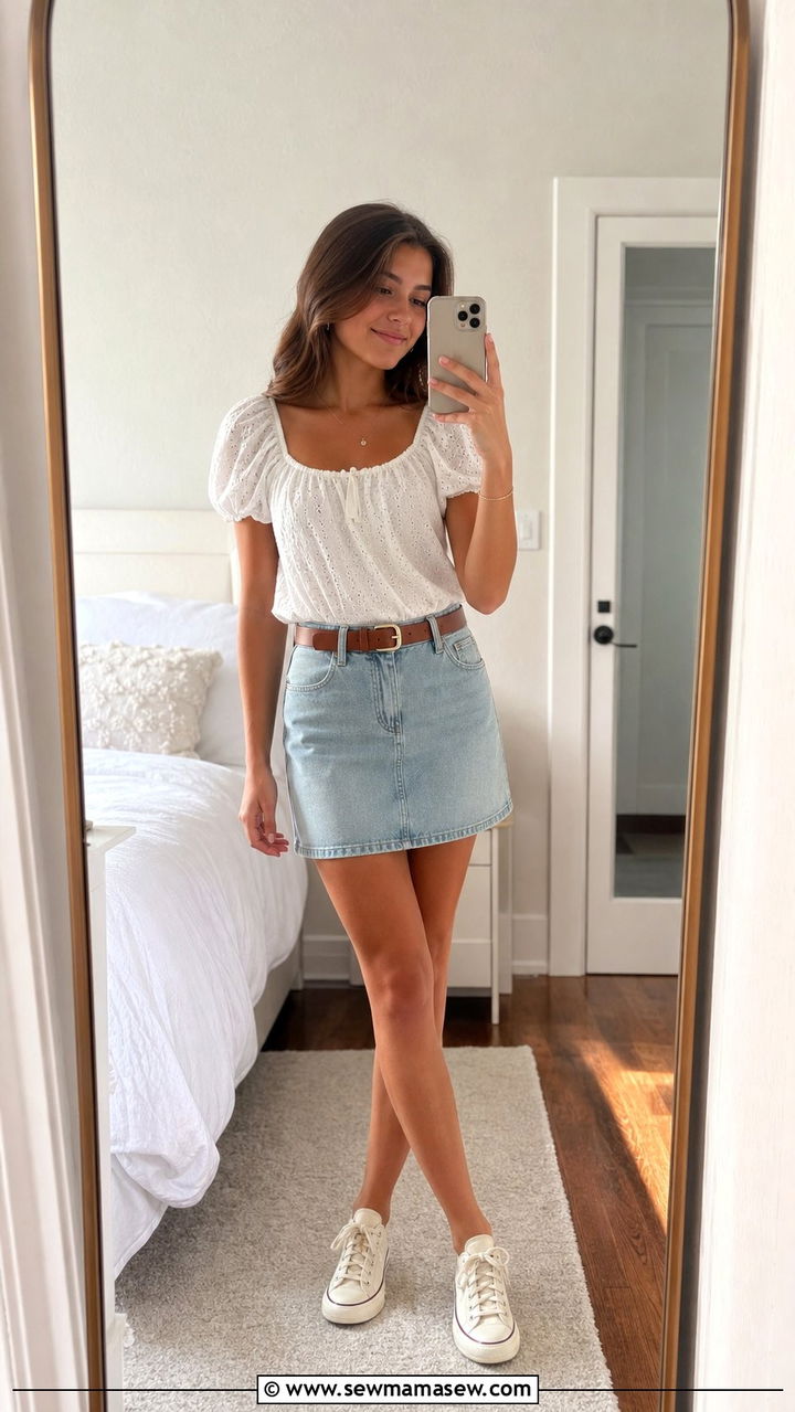 White Eyelet Blouse with a Denim Mini Skirt and Canvas Sneakers - 35 Back to school outfit ideas for teens 2026