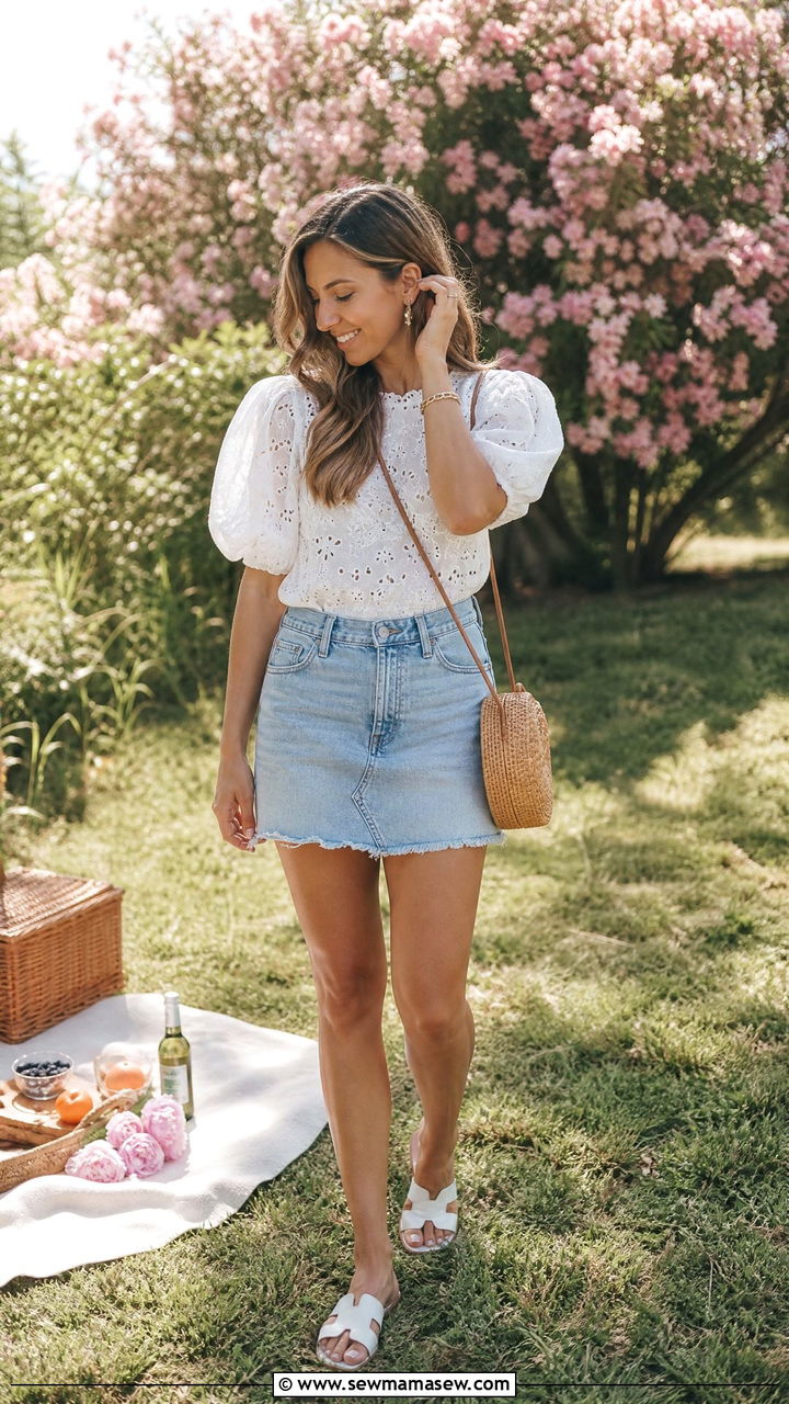 White Eyelet Cotton Blouse and Denim Mini Skirt - 30 Clean girl outfit ideas petite