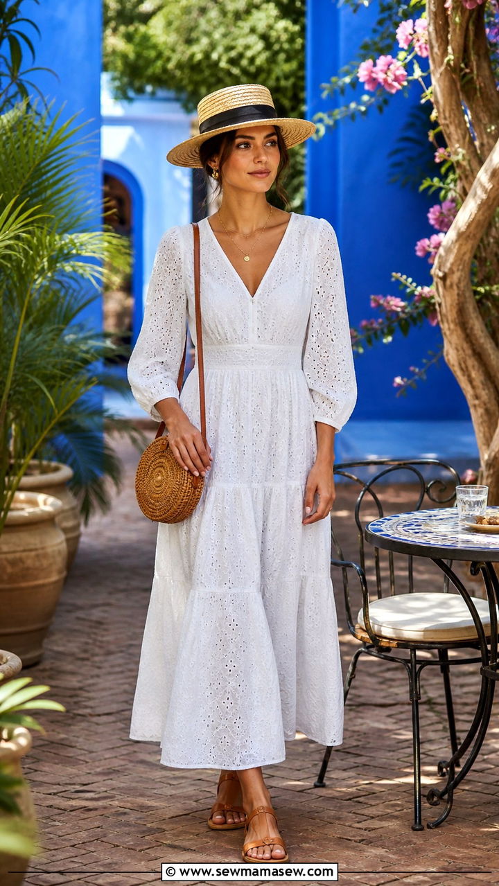 White Eyelet Cotton Dress With A Straw Boater Hat - 40 Marrakech outfit ideas