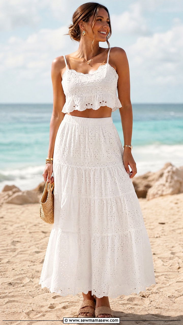 White Eyelet Crop Top And Tiered Maxi Skirt - 35 Matching set outfit ideas for wedding guest