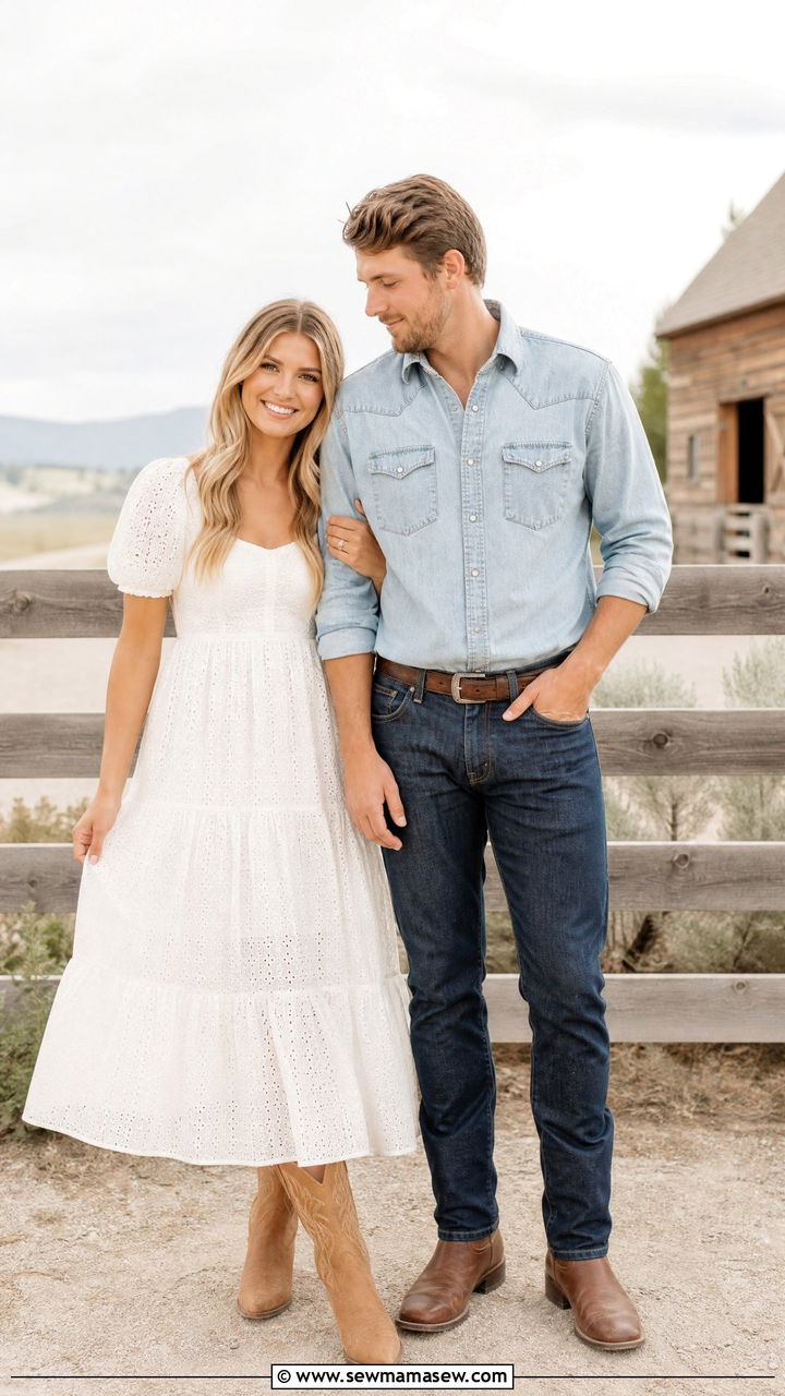 White Eyelet Dress With Cowboy Boots Couple Outfit - 40 summer western outfits