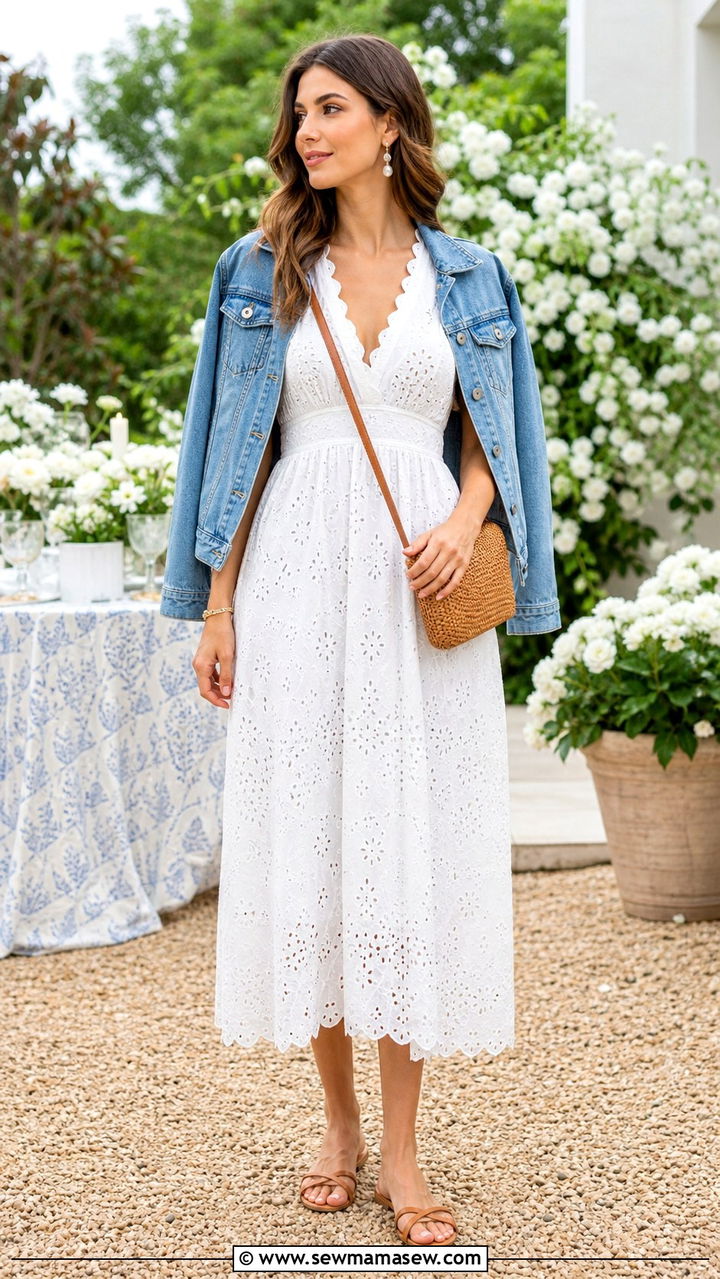 White Eyelet Dress With Denim Jacket And Sandals - 40 Coastal summer outfits